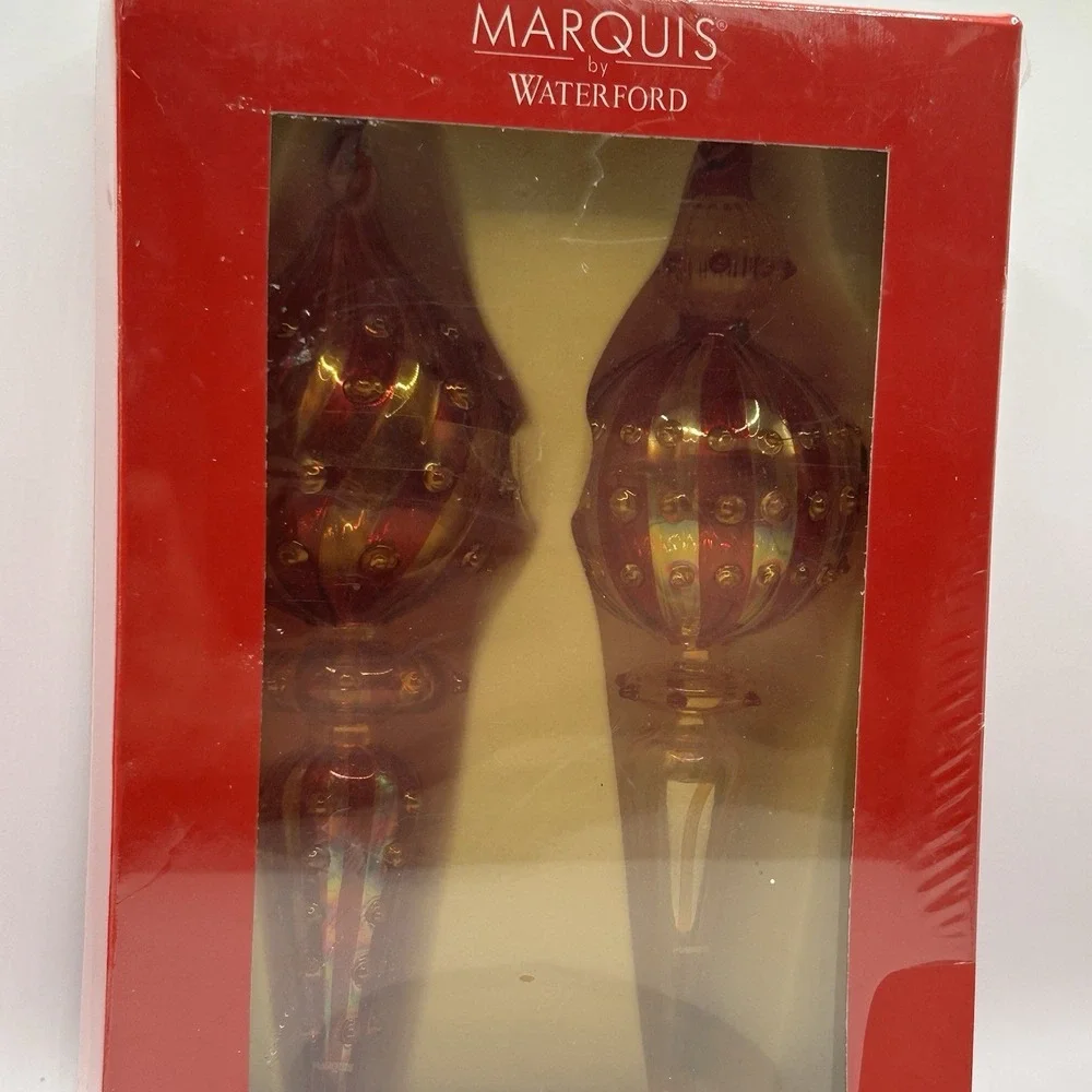 Marquis by Waterford Finial Ornaments Set of 2 • Iridescent Glass • New in Box